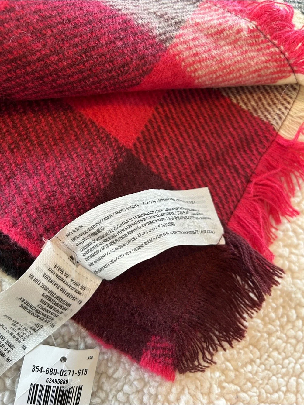 Hollister Pink and Cream Plaid Fringe Scarf